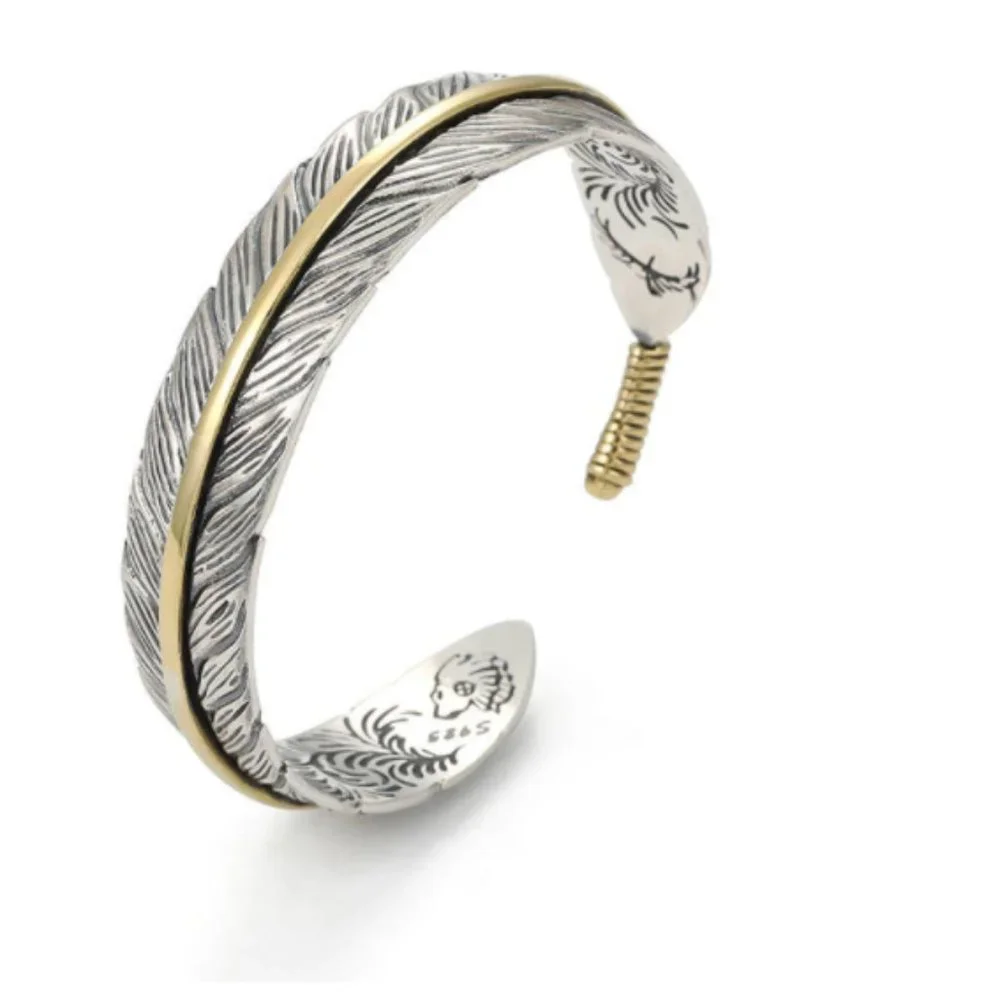 Takahashi Goro's Handmade Silver Golden Feather Cuff Bracelet Bangle